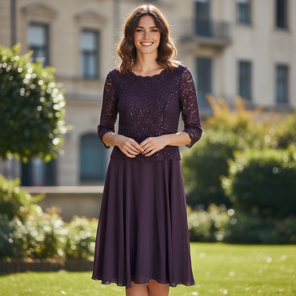Sequined Lace Contrast Midi Evening Dress